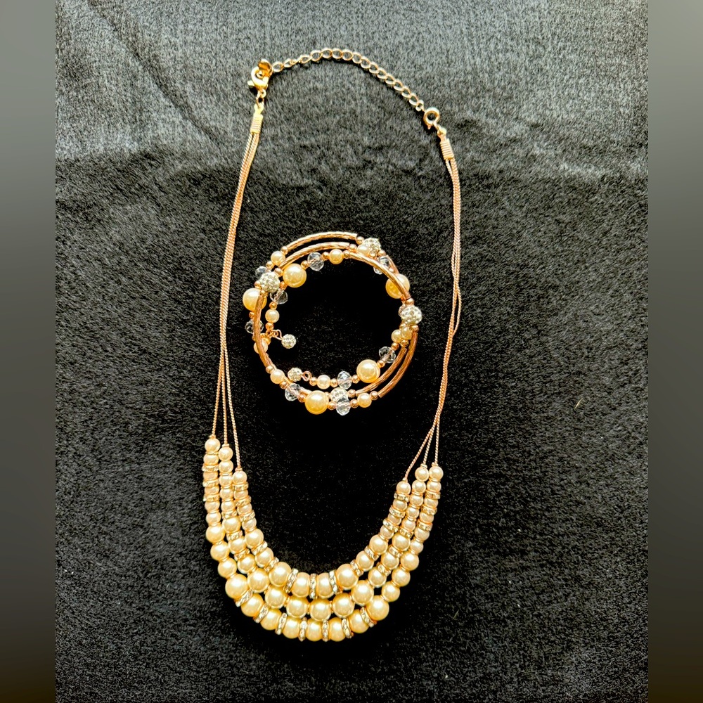 Rose Gold toned faux pearl and diamond triple necklace and matching bracelet